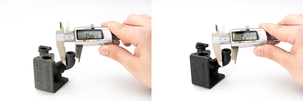 Two images comparing dimensions of the same 3D-printed part using digital calipers; left measurement shows 15.04 mm, right shows 15.44 mm, with “Printed on Sinterit” engraved on each part.