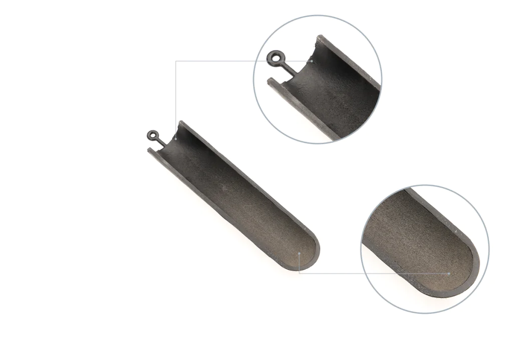 3D-printed semi-enclosed part with zoomed-in views of rough internal surfaces, showing challenges in vapor smoothing hollow or hard-to-reach sections.