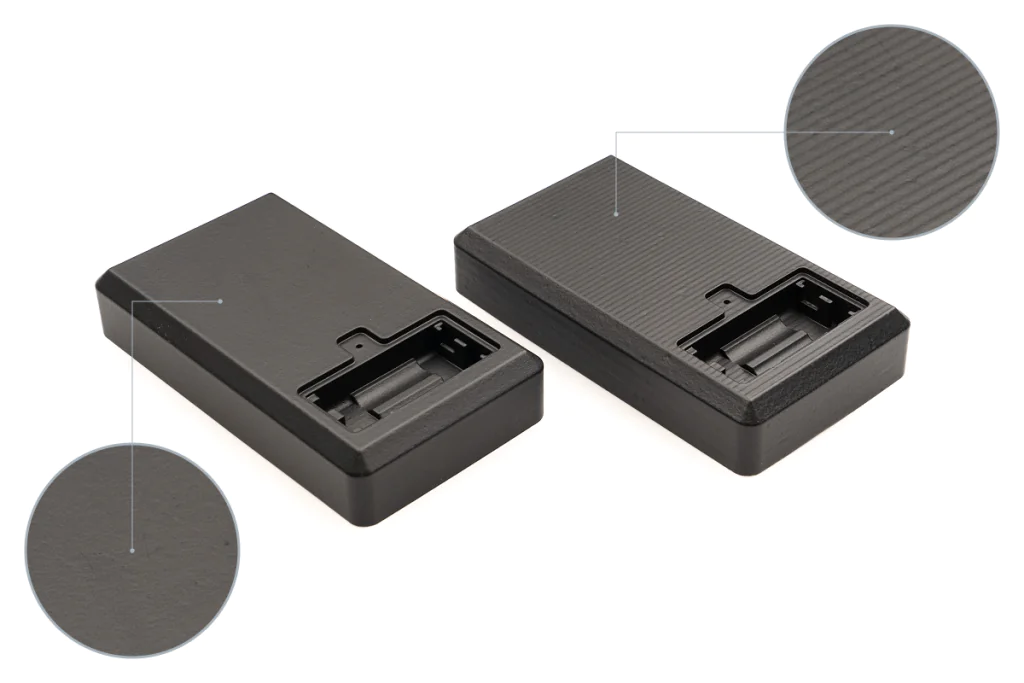 Two identical 3D-printed enclosures side-by-side: one with a smooth vapor-smoothed surface and one with visible layer lines; close-ups highlight finish quality difference.