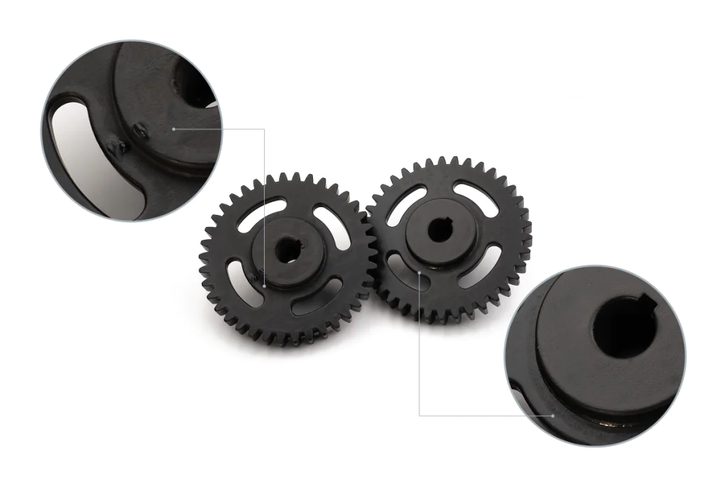 Two black 3D-printed gears with close-up views showing solvent pooling defects on one and a smoother surface on the other, highlighting effects of vapor smoothing on surface quality.