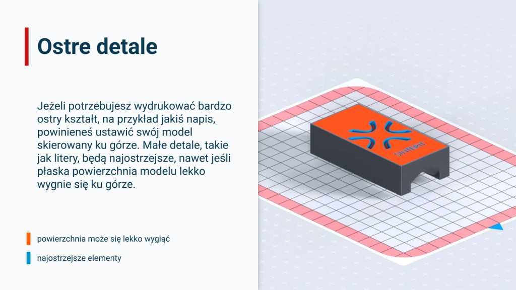 Model z napisem "Sinterit" ustawiony na platformie roboczej drukarki 3D, z zaznaczeniem optymalnej orientacji dla uzyskania najostrzejszych detali.