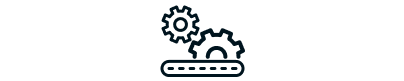 Gears and conveyor icon. Represents the end-to-end workflow of the 3D printing process from file to part.
