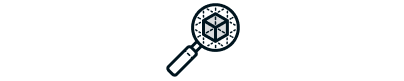 Magnifying glass over a 3D cube. Illustrates various types of 3D printing technologies and how they differ.