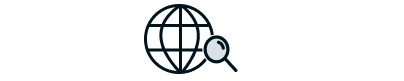 Globe and magnifier icon. Envisions trends, emerging technologies, and predictions for the future of additive manufacturing.