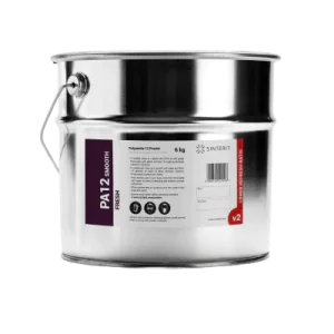 Metal container with label "PA12 Smooth Fresh Powder" – Sinterit 3D printing material, 6 kg.