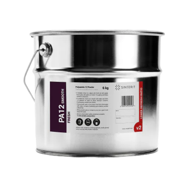 Metal container with label "PA12 Smooth Fresh Powder" – Sinterit 3D printing material, 6 kg.