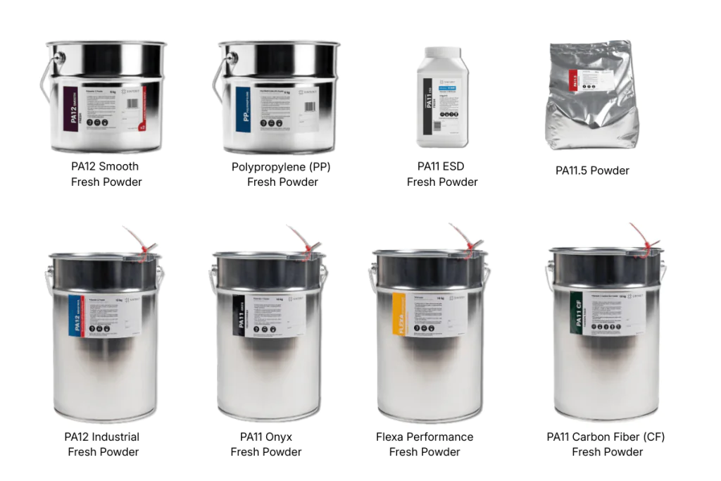 Sinterit SLS powder materials portfolio including PA12, PA11, PP and carbon fiber powders for functional 3D printing