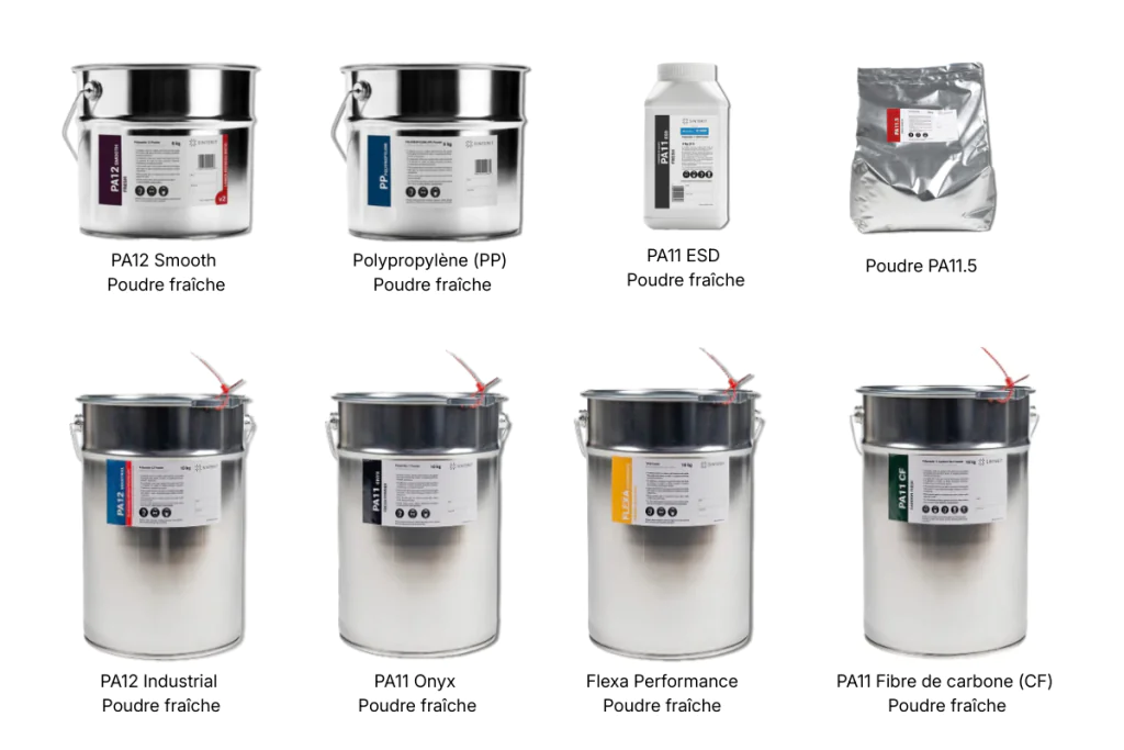 Gamme de matériaux Sinterit SLS présentant huit poudres disposées sur deux rangées sur un fond gris clair, notamment PA12 Smooth, Polypropylène (PP), PA11 ESD, poudre PA11.5, PA12 Industrial, PA11 Onyx, Flexa Performance et PA11 Fibre de carbone (CF).