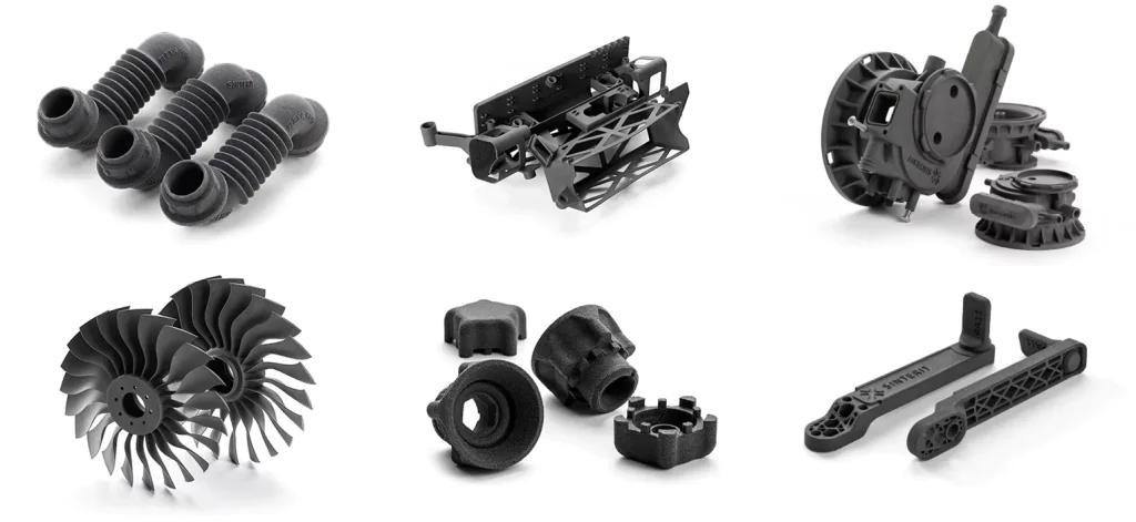 Examples of SLS 3D printed parts showing functional prototypes and end-use components in different finishes and colours