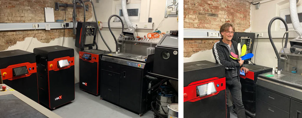 Three Sinterit Lisa X 3D printers running in the Paul Hast GmbH workshop in Hamburg